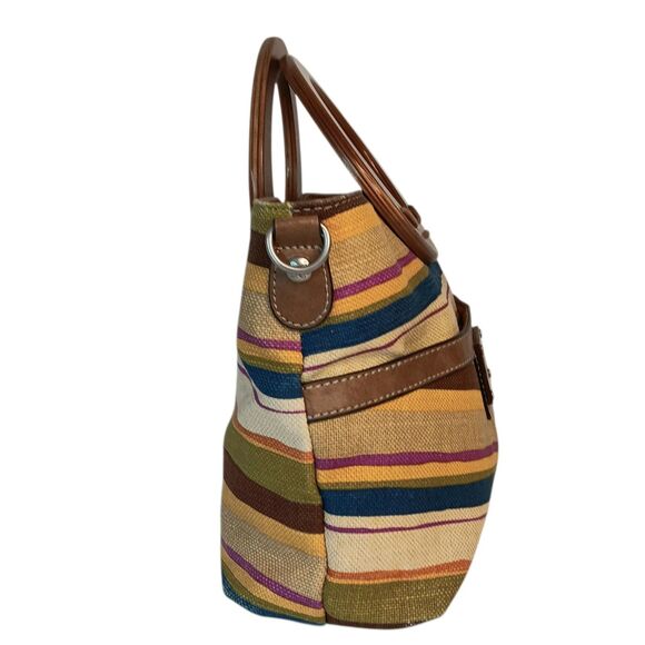 Striped Canvas Clutch Purse Wooden Handles Tan Blue Brown Summer Relic Brand - Picture 2 of 14